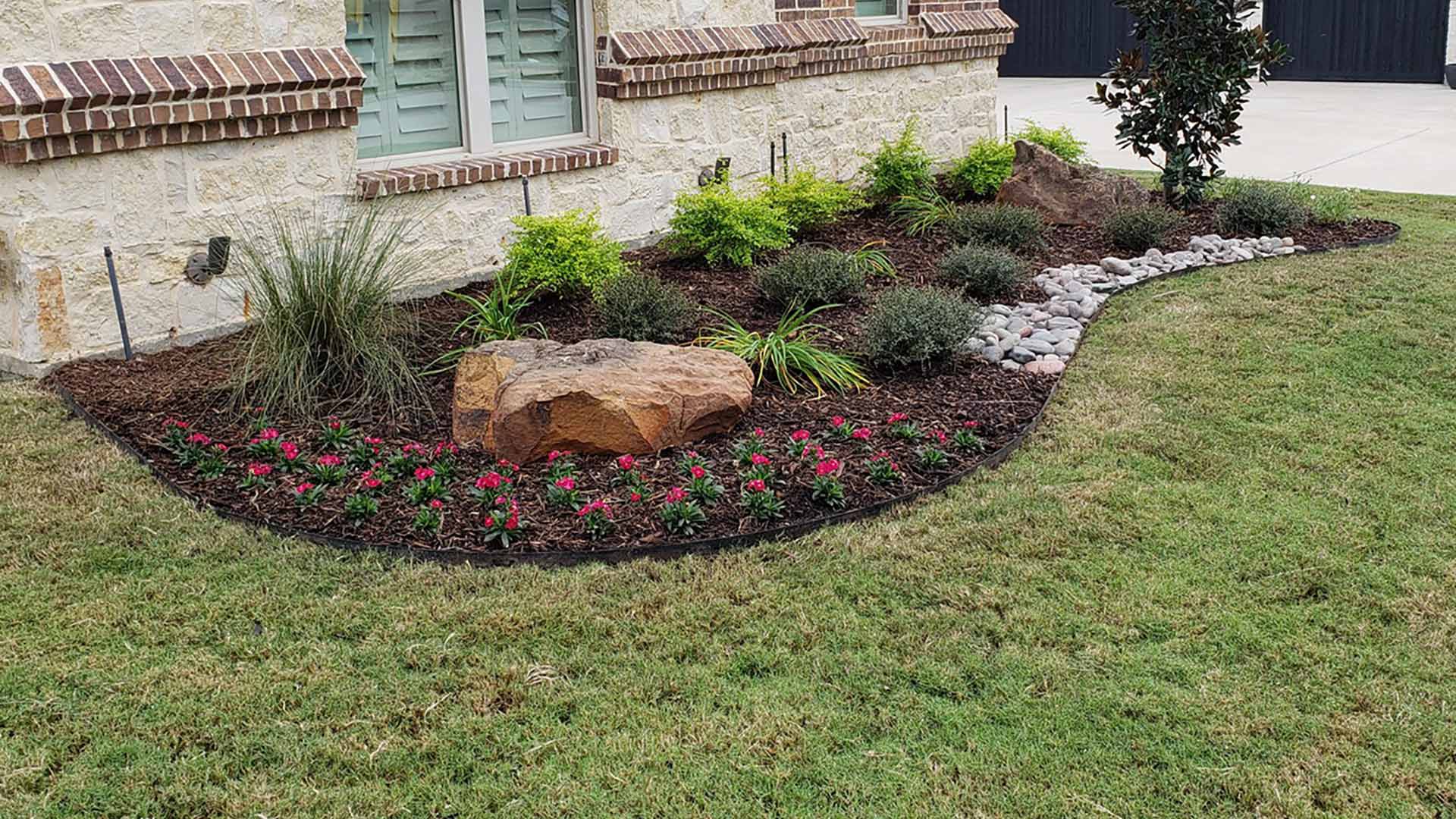 Installed plantings for front yard landscape bed in Northlake, TX.