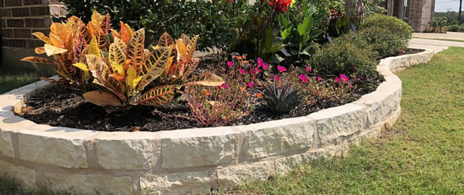 A retaining wall beside a landscape bed with annuals in Northlake, TX.